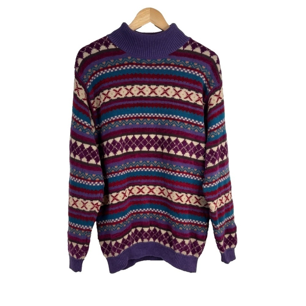 Vintage 90s Jantzen Turtleneck Sweater L Purple Fair Isle Geometric Granny Boho